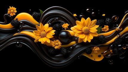 Black and yellow liquid swirls with flowers and berries; food background; dessert design