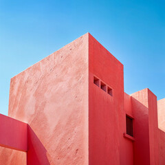 A pink brick building with a tall tower under a clear blue sky