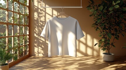 Sunlight Illuminates a White T-Shirt Hanging in a Serene Room with Plants