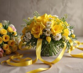 Bright yellow silk ribbon wrapped around a bunch of fresh flowers, ribbon tie, rustic decor