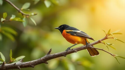 Fototapeta premium bullocks oriole perched on small tree branch, wildlife, small animal, greenery