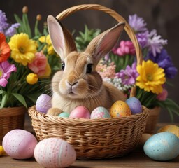 Bunny in a woven basket with Easter eggs and flowers, pastel colors, flowers