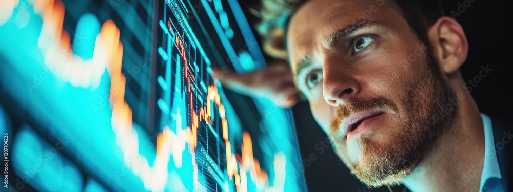 Aufkleber intense focus of a young man analyzing financial data on a digital interface with graphs and charts