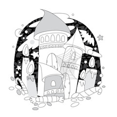 Vector image of a house with a spider web and pumpkins and bats. Vector illustration in flat style on the theme of Halloween.