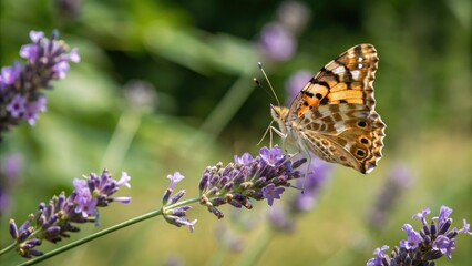 Obraz premium Butterfly and lavender flower in focus against a blurred background of green foliage, floral arrangement, butterfly, nature scene, springtime color palette
