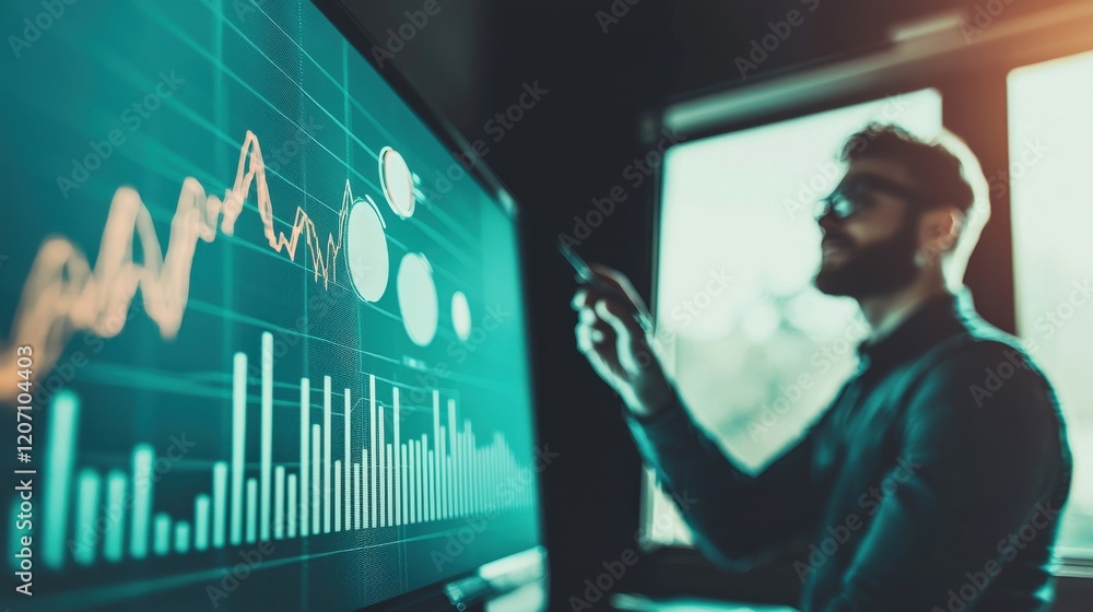 Poster professional man analyzing data trends on a digital screen in a modern office environment