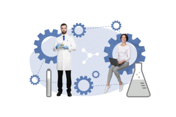 Creative abstract collage template graphics image of pharmacist secretary creating new medicine isolated drawing background