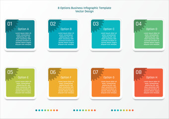 8 options business infographic template, rounded edge square frame with part of gear shape at the top left corner
