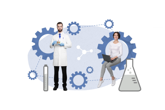 Creative abstract collage template graphics image of pharmacist secretary creating new medicine isolated drawing background