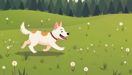 Happy dog running on green field with flowers