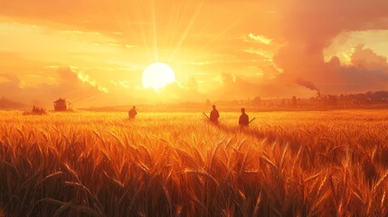 Sunset casting golden rays over golden wheat fields where harvesters toil to gather the season's bounty.