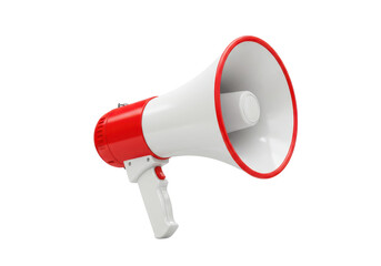 A red and white megaphone with a sleek modern design, isolated on a white background