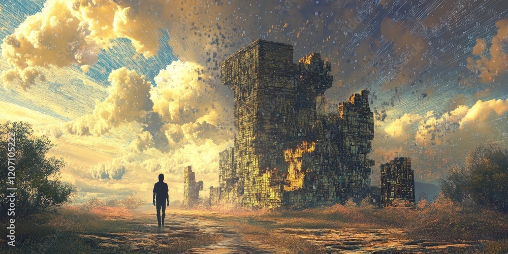 Poster a man walks through a desolate landscape with a large building in the background