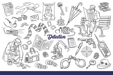Detective investigating mysterious crime and looking for evidence pointing to culprit. Detective inscription near devices for obtaining facts about suspect who committed murder. Hand drawn.