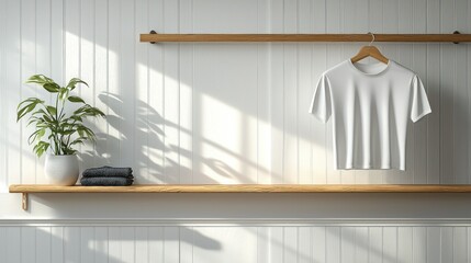 Minimalist White T-Shirt Mockup on Wooden Shelf with Plant and Towels
