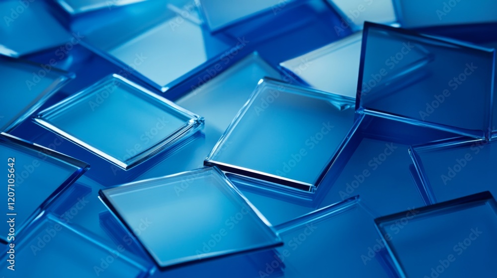 Poster an abstract background with overlapping transparent squares in shades of blue, creating a modern, mi