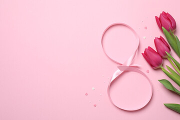 8 March greeting card design with tulip flowers, top view. Happy International Women's Day