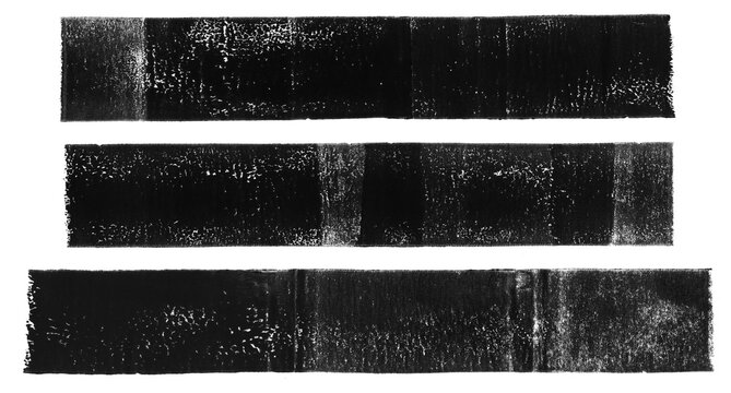 Grungy linocut relief printing rectangle shapes, stripes of various length, rough artistic grunge textures collection. Textured backgrounds set. Paint roller stains, lino ink text box templates