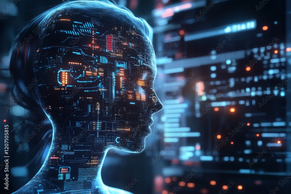 Poster futuristic ai software interface with abstract profile visualization