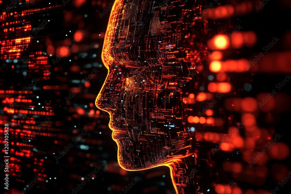Poster futuristic ai symbolic design with glowing face and technology background