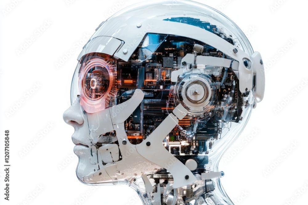 Poster futuristic ai vision robot head with isolated abstract design