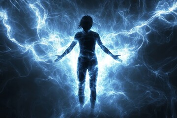 Fototapeta premium Powerful Silhouette of Energy Surrounded by Blue Light Effects
