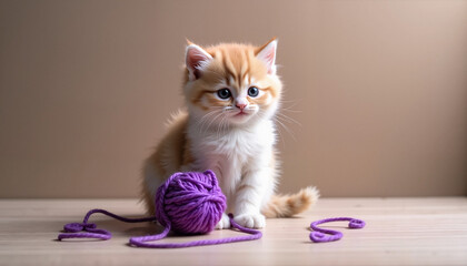Playful kitten with purple yarn against a neutral background
