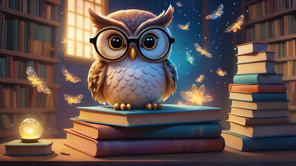 A wise owl wearing round glasses sits on a stack of colorful books, surrounded by floating pages and glowing fireflies, in a cozy library scene