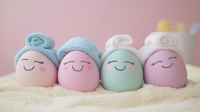 gentle pastel Easter eggs in a spa setting, each egg has a soft towel wrap on top, delicate hand-drawn smiles, and soothing face masks or eye patches. Creative cute promotion for Holiday