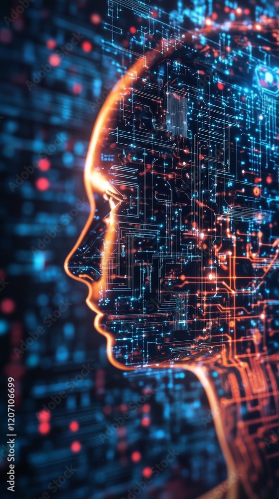 Poster a computer generated image of a face with a blue and red background