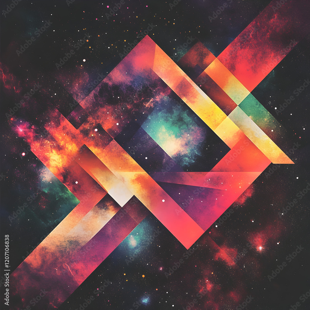 Poster cosmic geometry: abstract artwork featuring vibrant geometric shapes layered over a mesmerizing nebu