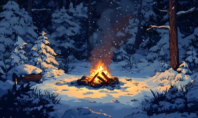 Winter campfire in snow-covered forest,generation AI