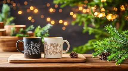 Festive mugs on wooden board with pine cones and christmas tree lights in background