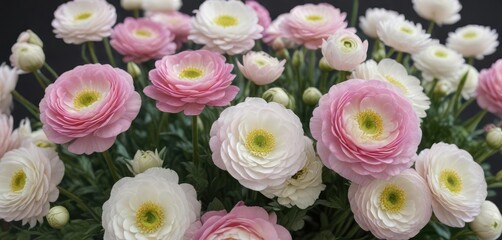 Close-up of pink and white ranunculus flowers in full bloom, delicate, vibrant