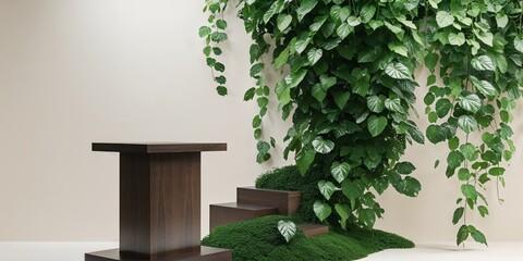 serene beauty wooden podium and lush leaves for product showcase.