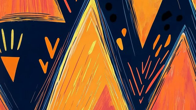 Painting of a mountain with a triangle on it. The triangle is orange and black