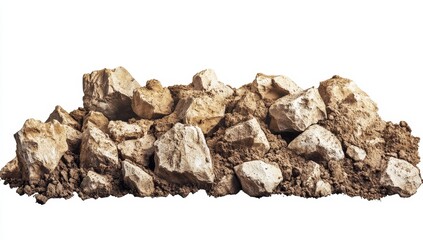 Pile of light brown rocks and soil isolated on white background.