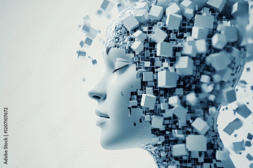 Poster a woman's face is shown in a computer generated image with a lot of blocks