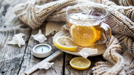 Steaming cup of herbal tea with lemon slice and thermometer on wooden table, surrounded by tissues and knitted blanket, symbolizing winter illness and self-care.