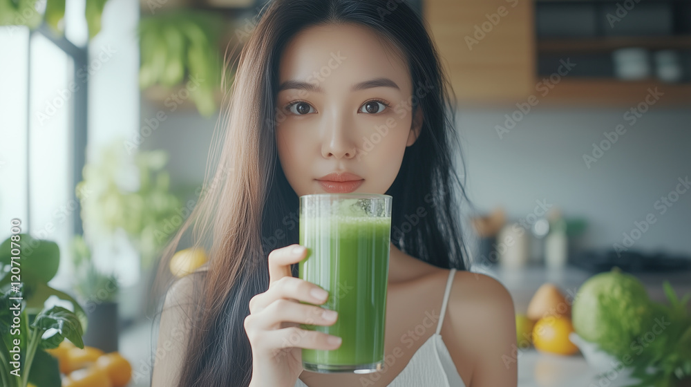 Aufkleber 若くてかわいいアジア人女性が、朝の目覚めに青汁を飲もうとしている。美容と健康のイメージ撮影。