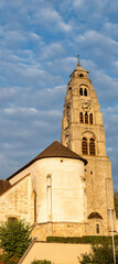 Conde-sur-Marne, view of church and houses. Autumn in Champagne wine making region near Epernay, France. Driving car in Champagne, Grand Est.