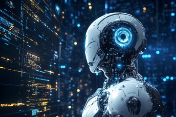 A robot with a blue head and a white body stands in front of a computer screen