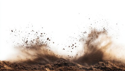 Brown dirt explosion isolated on white background.