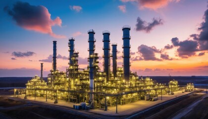 Fototapeta premium A large industrial plant with many tall towers and a sunset in the background