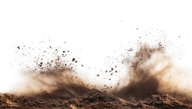 Brown dirt explosion isolated on white background.