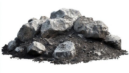 Fototapeta premium Pile of grey rocks and dark soil isolated on white background.