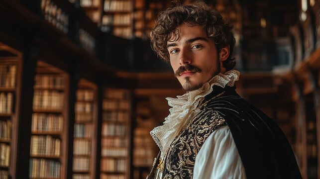 a young handsome man with mustach, wearing ornate medieval outfitat mansion full of books on shelves