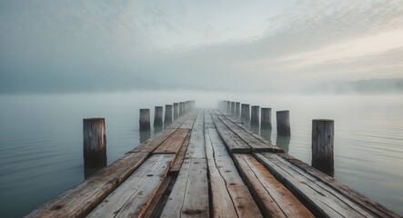 Obraz premium Experience tranquility on weathered wooden piers extending into calm waters under a moody sky.