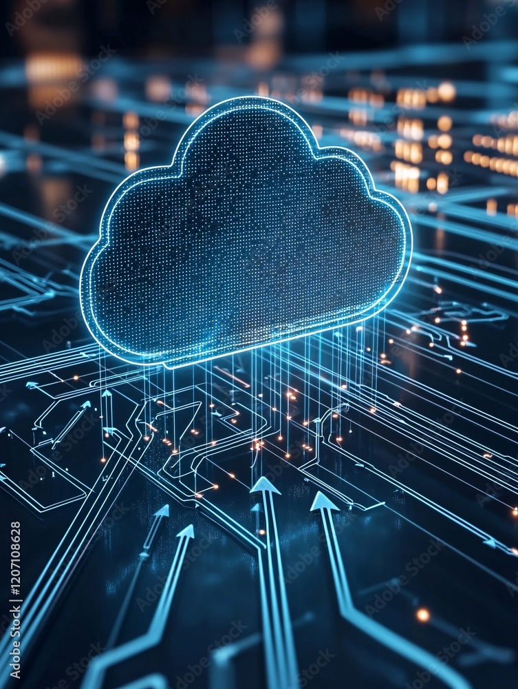 Poster a cloud icon surrounded by arrows to signify secure data sharing across platforms