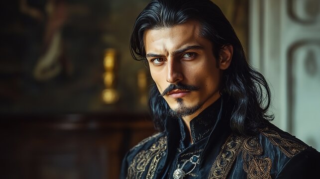 a young handsome man with mustach, wearing ornate medieval outfitat mansion